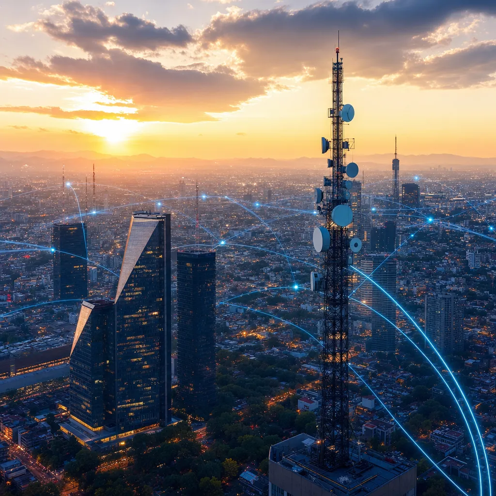 Vista aérea de Ciudad de México con torres de comunicación